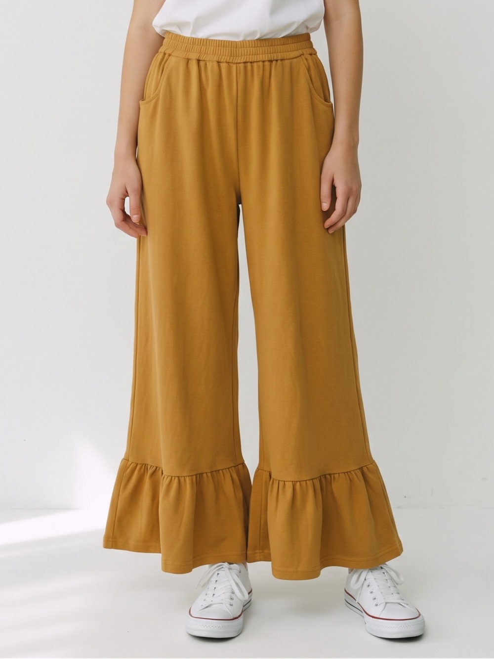 Umgee Mustard Yellow High Waist Loose Fit  Pull-On Ruffle Hem Pants Size XL